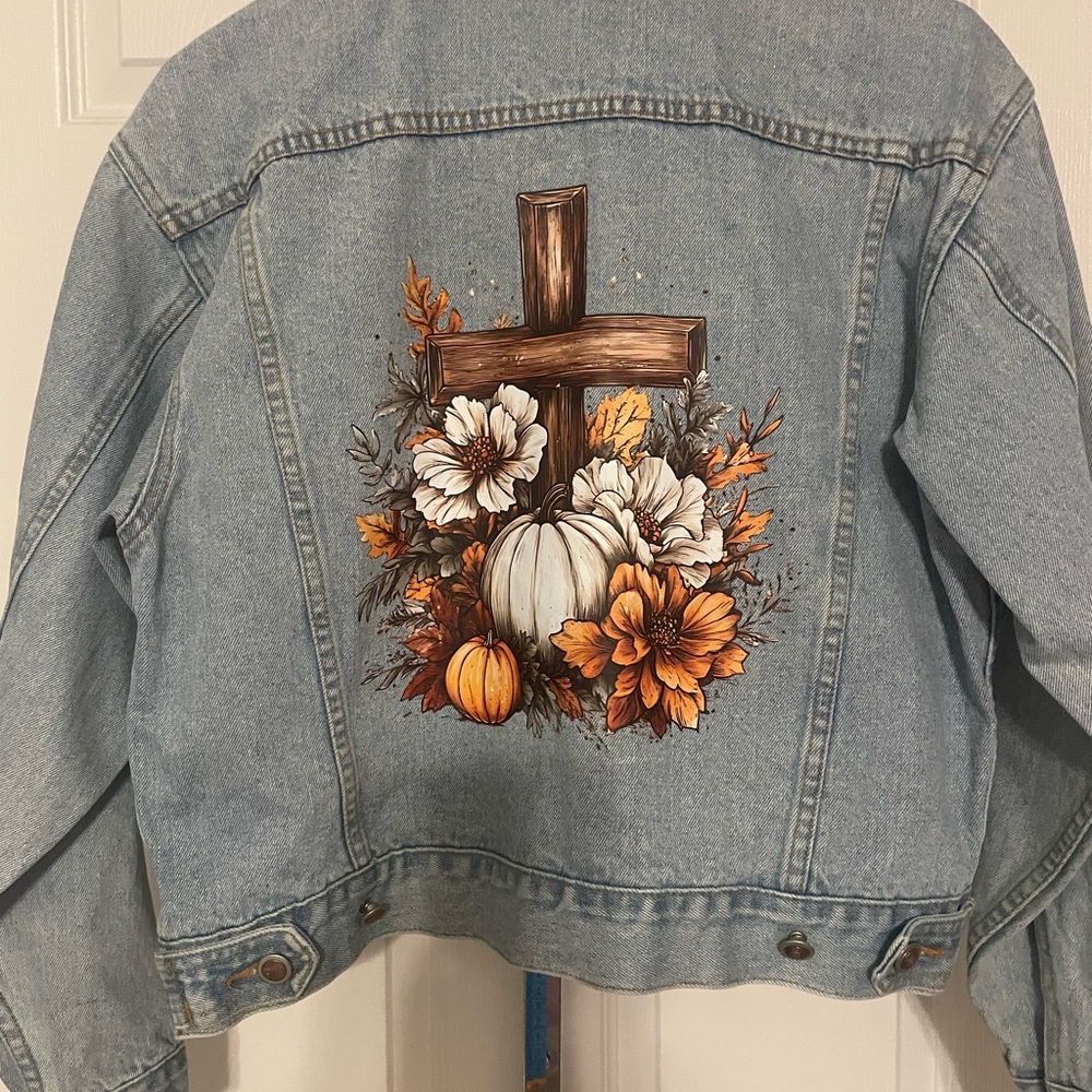 Vintage Denim Crop Jacket with Floral and Cross Design